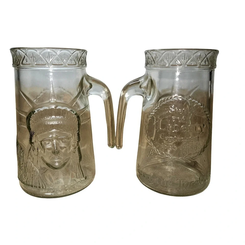 VTG Anchor Hocking Statue Of Liberty Beer Mugs Set Of 2 Clear Glass 1986 Bar Pub